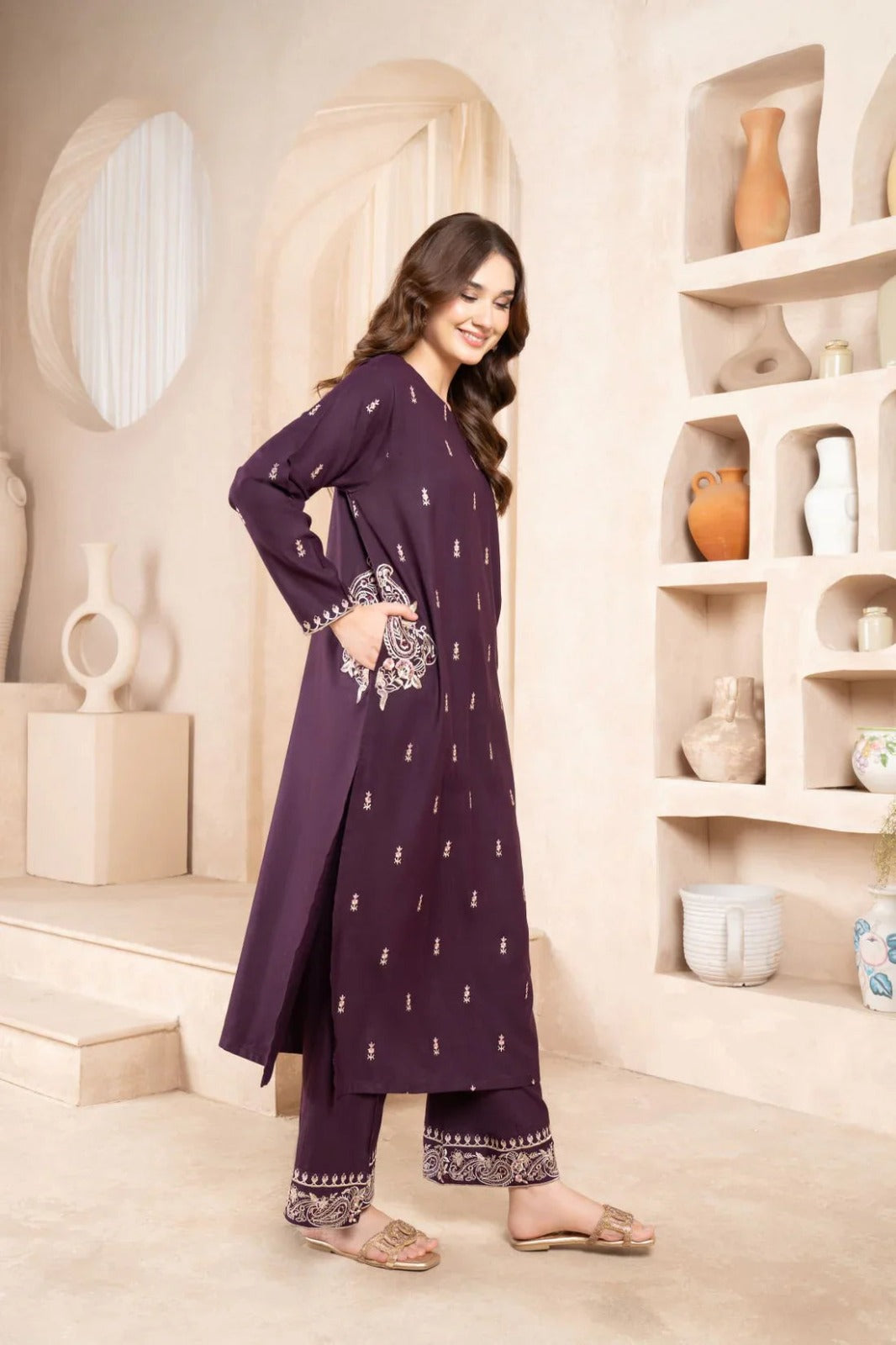 NAAZ EMB LONG LENGTH (Double Pocket) - Embroidered Trouser 2-Piece Set