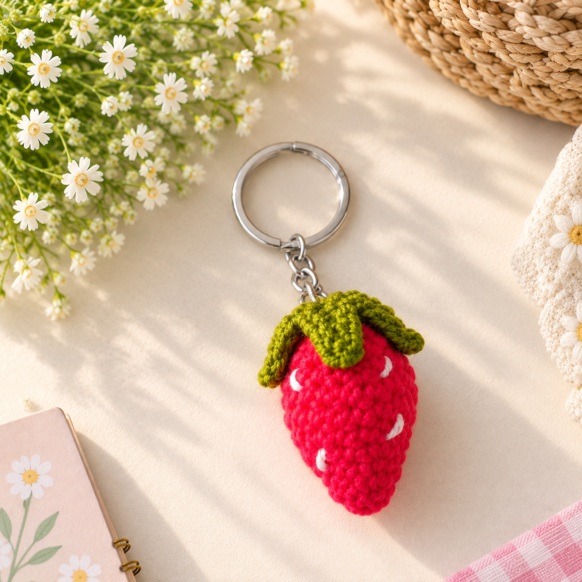 Handmade red crochet strawberry keychain with green leaves